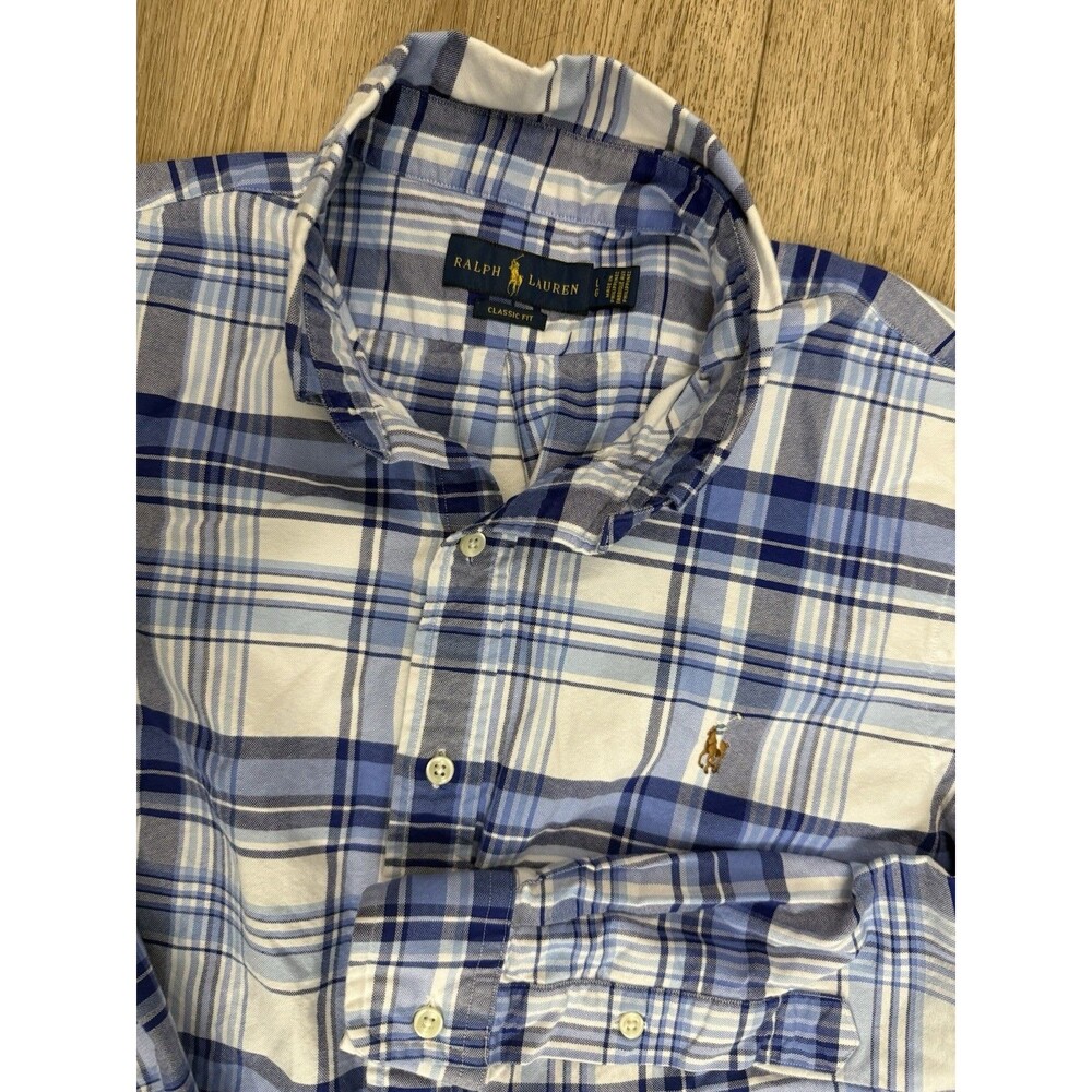 Polo Ralph Lauren Shirt Mens L Classic Fit Blue White Plaid Long Sleeve Cotton